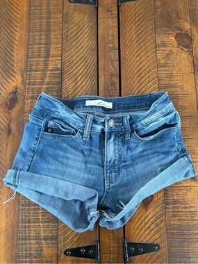 KanCan Light Blue Denim Shorts with Tan Stitching